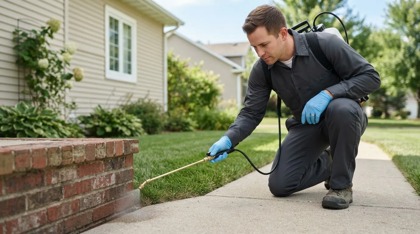 Pest control technician treating a home near Van Buren, IN